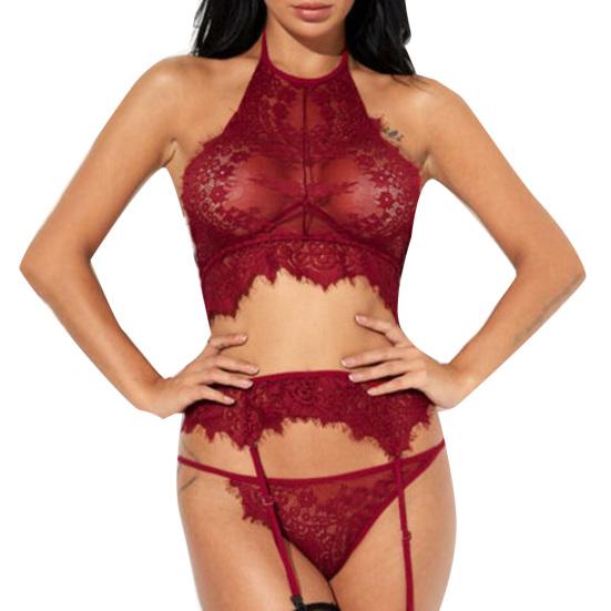3Pcs Sexy Women See Through Floral Lace Babydoll Bra Briefs Garter Underwear Set