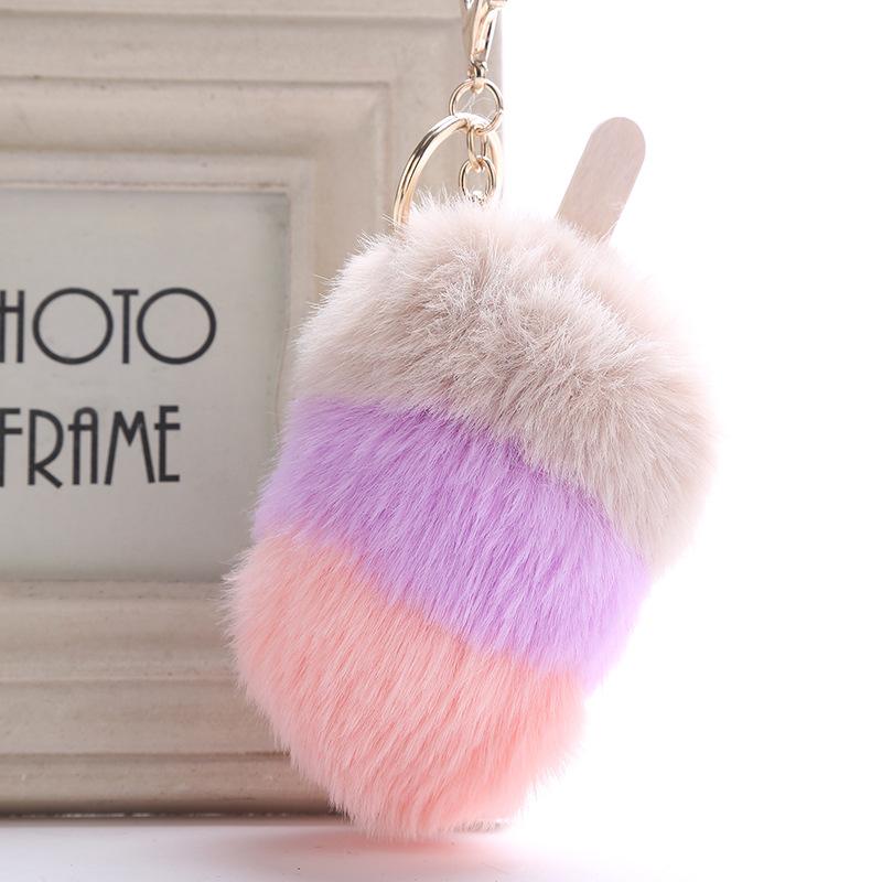 1Pcs Car Soft Pompom Fluffy Ice Cream Faux Fur Key Chain Gift Key Ring Jewelry Pendant