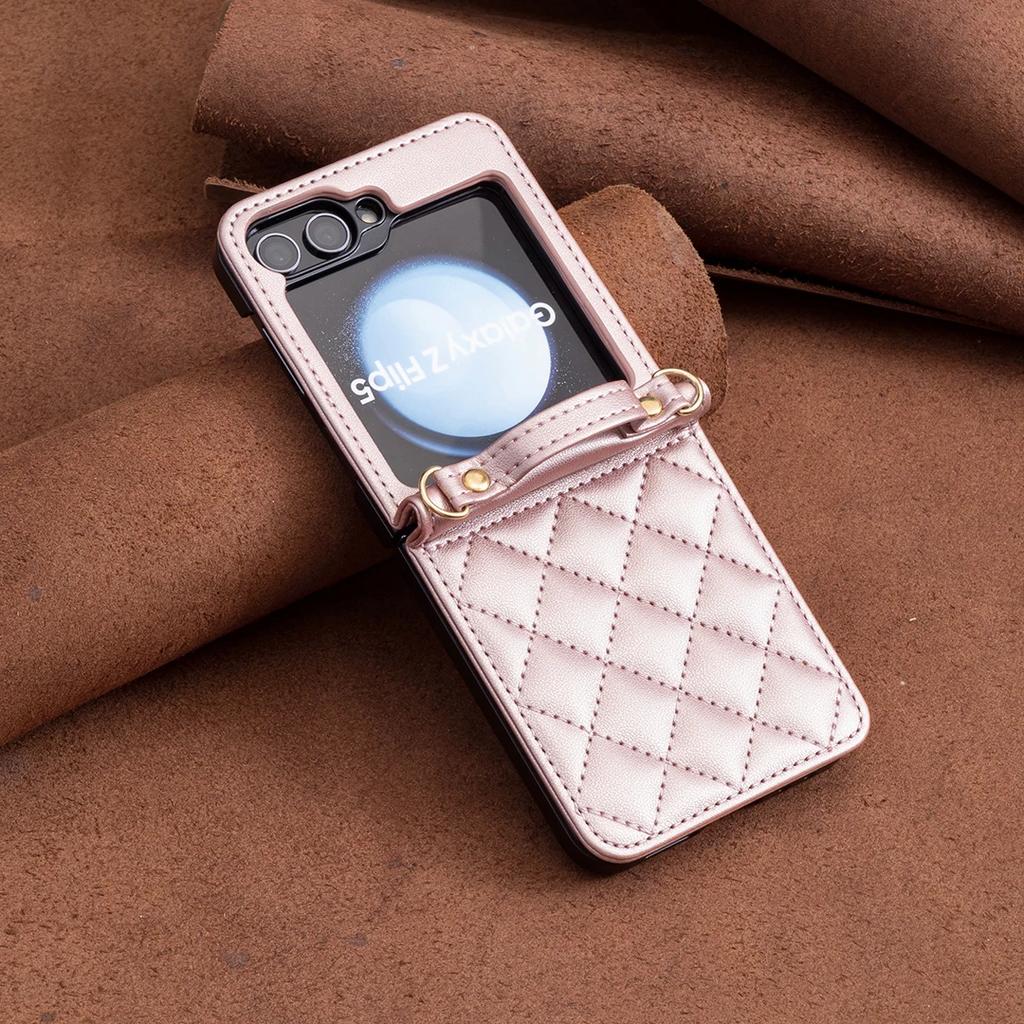 Luxury Crossbody Diamond Leather Case For Samsung Galaxy Z Flip 7 FE 6 5 4 3 5G Flip6 Shoulder Strap Slim Plain Folding Cover