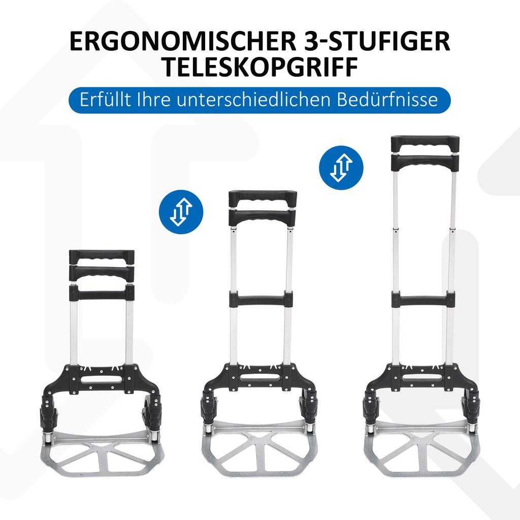 Aluminium Folding Hand Truck Trolley, Heavy Duty Foldable Sack Cart with Adjustable Telescoping Handle, 70KG Load Capacity