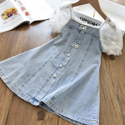Robes d'été pour filles Bébé Filles Dentelle Manches Courtes Bouffantes Princesse Robe en Denim