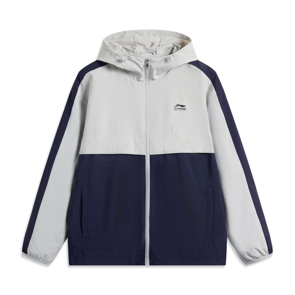 Li Ning Sports Lifestyle Series Brand Logo Casual Comfortable Color Block Hooded Zipper Windbreaker Men Outerwear Static-Grey Sailor-Blue AFDV175-2