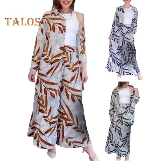 2-teiliges Set mit Hemd und Hose für Damen, Umlegekragen, einreihig, Blätterdruck, lange Ärmel, lockeres Oberteil in mittlerer Länge, elastische Taille, Hose mit weitem Bein, Sport