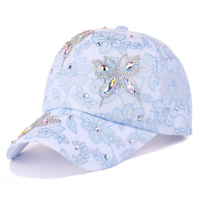 Women Baseball Cap Flower Butterfly Rhinestone Lace Breathable Sunshade Curved Brim Fashion Cap Street Dance Party Casual New