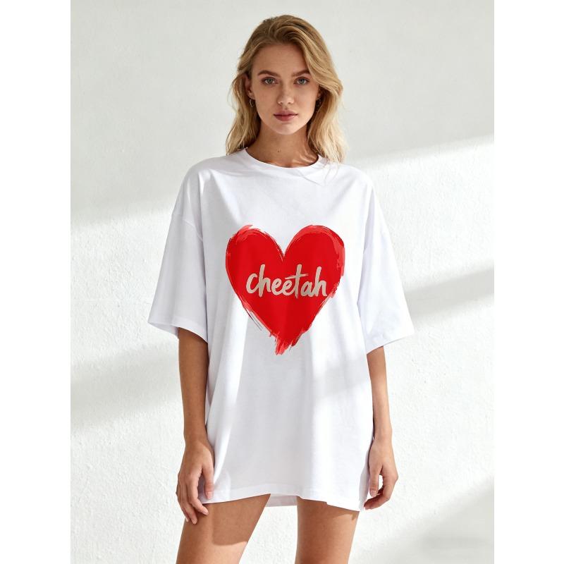 Black Oversized T Shirt With Red Heart Cheetah Print For Casual Wear And Street Style