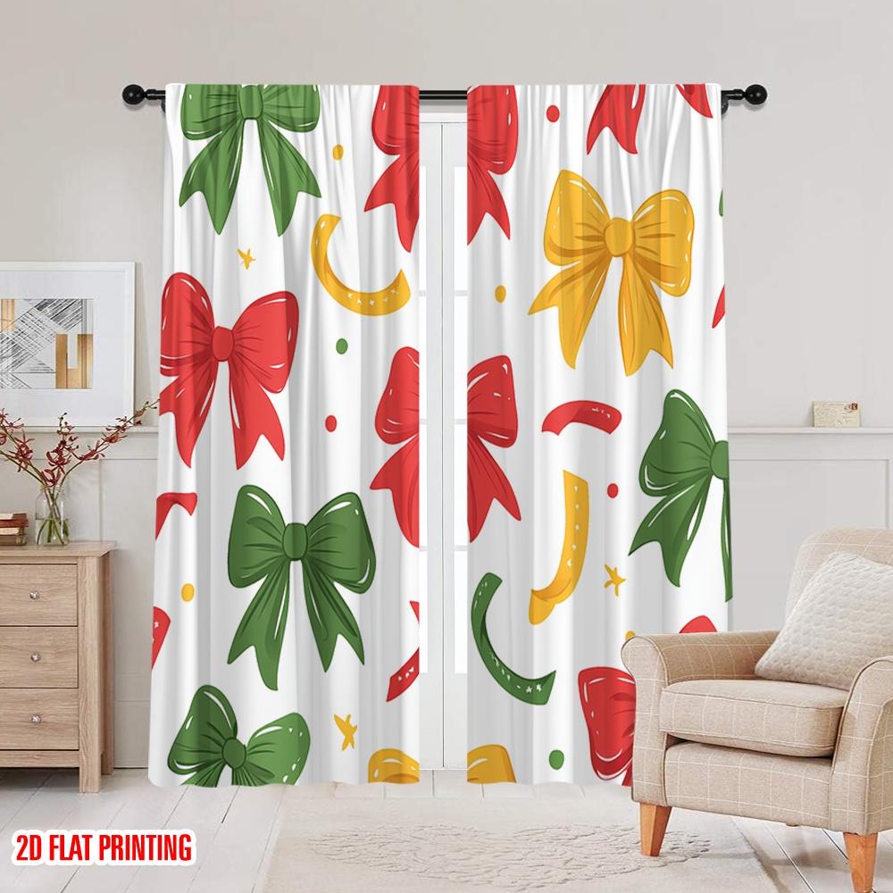 2pcs  2D plane printing Curtains Christmas Bows Ribbons Gift (4) Versatile Durable Polyester (without rod) Gifts for Bedroom and