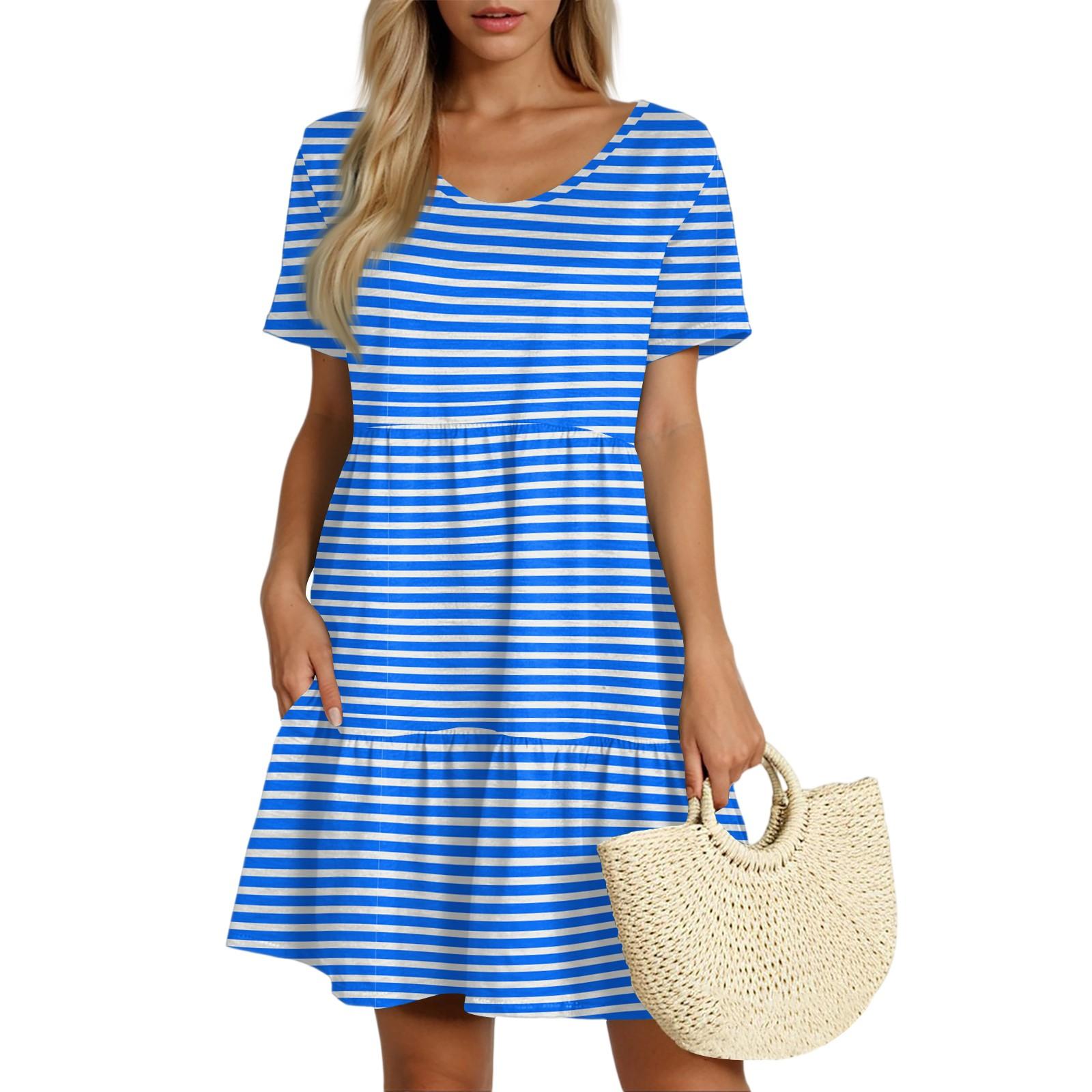 

Женская повседневная модная юбка с круглым вырезом и коротким рукавом в полоску с принтом S синий