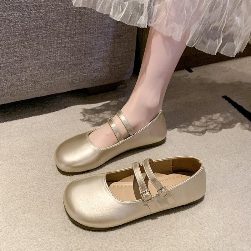 Ljusrunda runda champagnefärgade Doudou-skor höstens nya dubbla spännen med skärp och kjol Mary Jane-skor