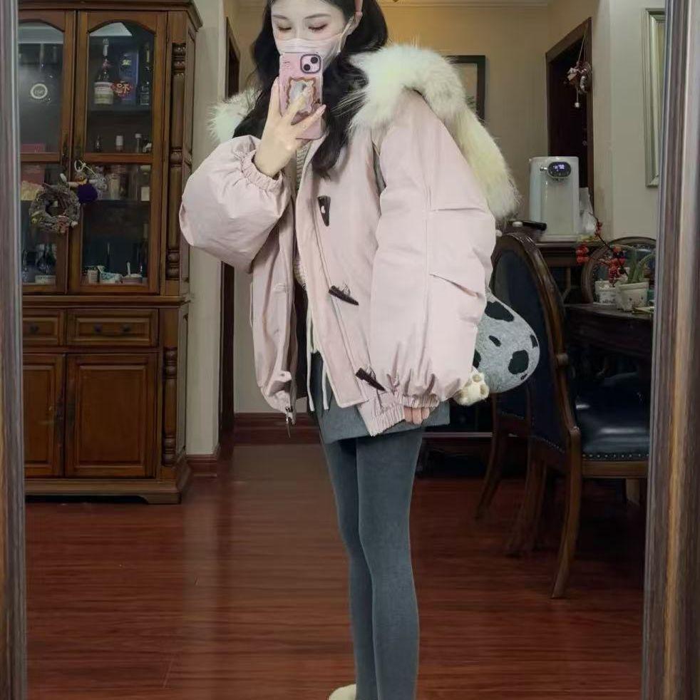 Women's Retro Hooded Cotton Jacket with Fur Collar - Winter 2025, Cowhorn Buttons, and Spandex for Warmth