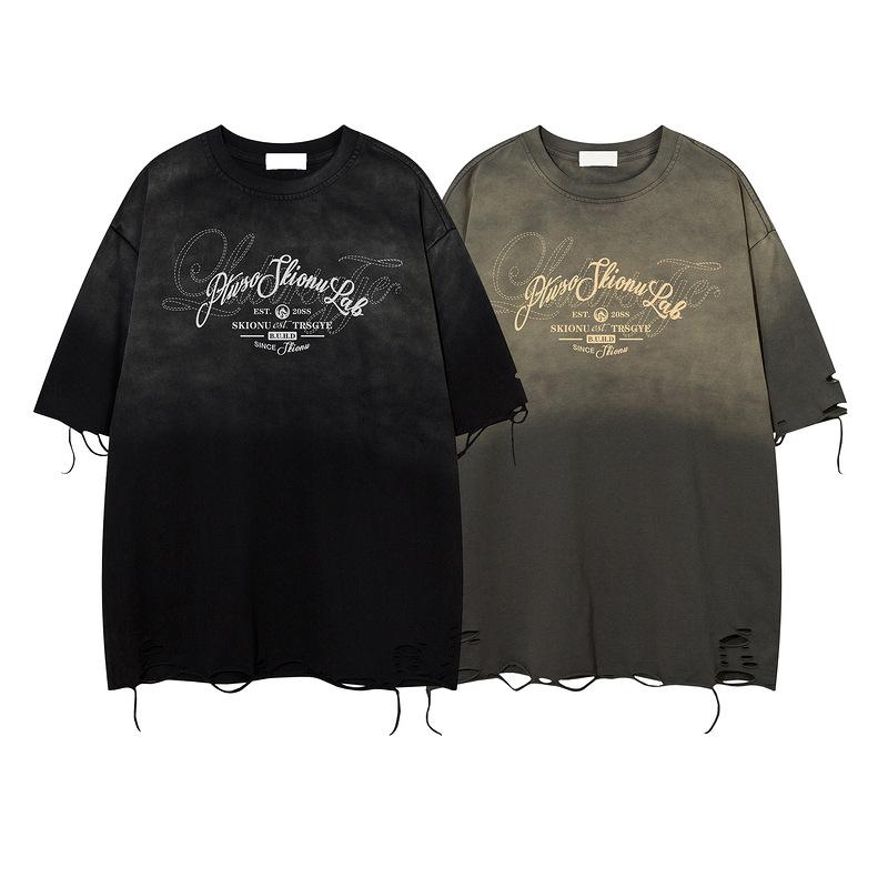 American retro old gradual change washed short-sleeved T-shirt high street hole drawstring design heavy industry letter printing street