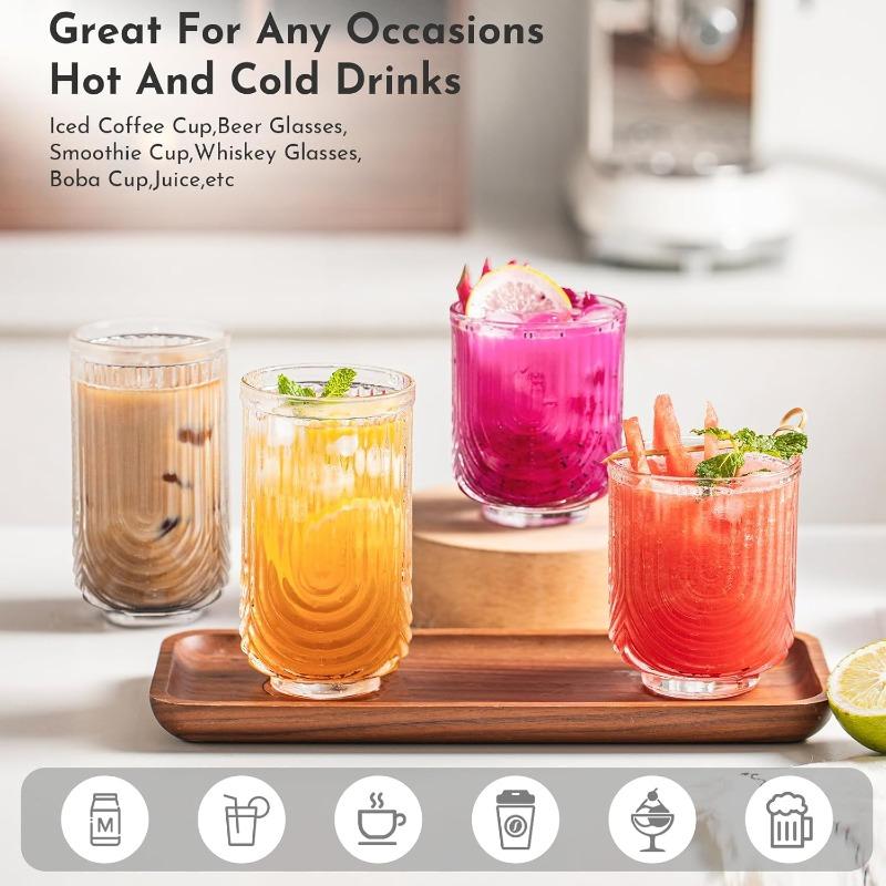 Water Drinking Glasses Set of 8-4 Highball Glasses 14 oz, 4 Rocks Glass Cups 12 oz, Arch Design Cocktail Glasses, Vintage