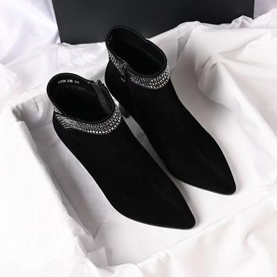 Pointed Thin Heel High Heel Short Boots Autumn and Winter New Velvet Rhinestone Temperament Black Elegant Boots