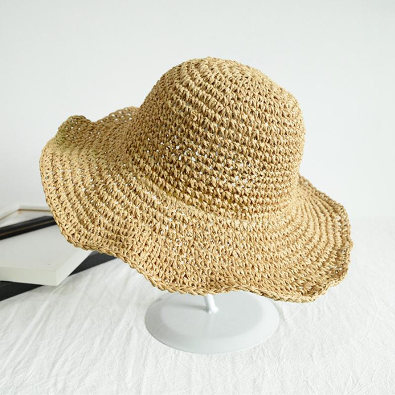 Damen Handgeflochtener Stroh-Sonnenhut Faltbar Große Breite Krempe Atmungsaktiv Häkel-Strandhut Für Sommer Outdoor Reisen Und Lässige Tägliche Kleidung