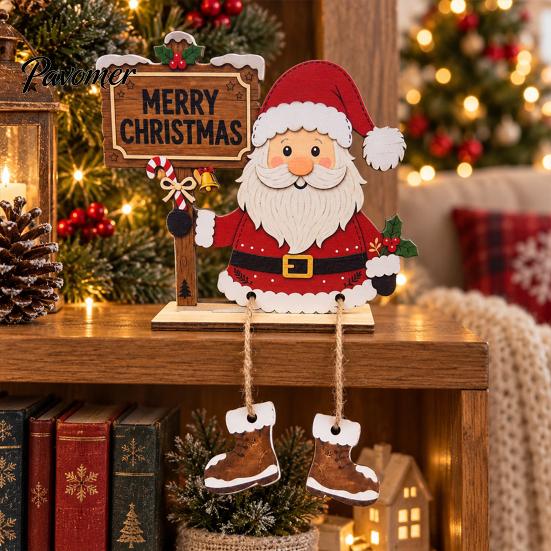 Festive Indoor Room Ornaments Christmas Gnome Wooden Ornament, 2D Tomte Santa Figurine with Hanging Boots, Tree Holiday Shelf Sitter for Mantel
