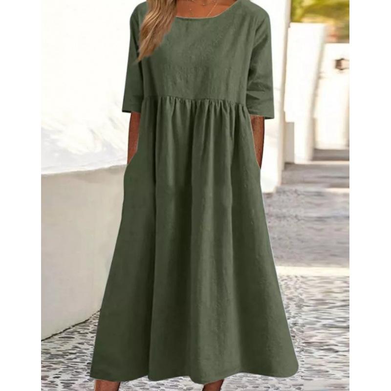 Plus Size Round Neck Solid Pleated Pocket Loose Casual Midi Comfortable Dress S-5XL Lightweight Recognition Elegant with Flattering Chic Dress