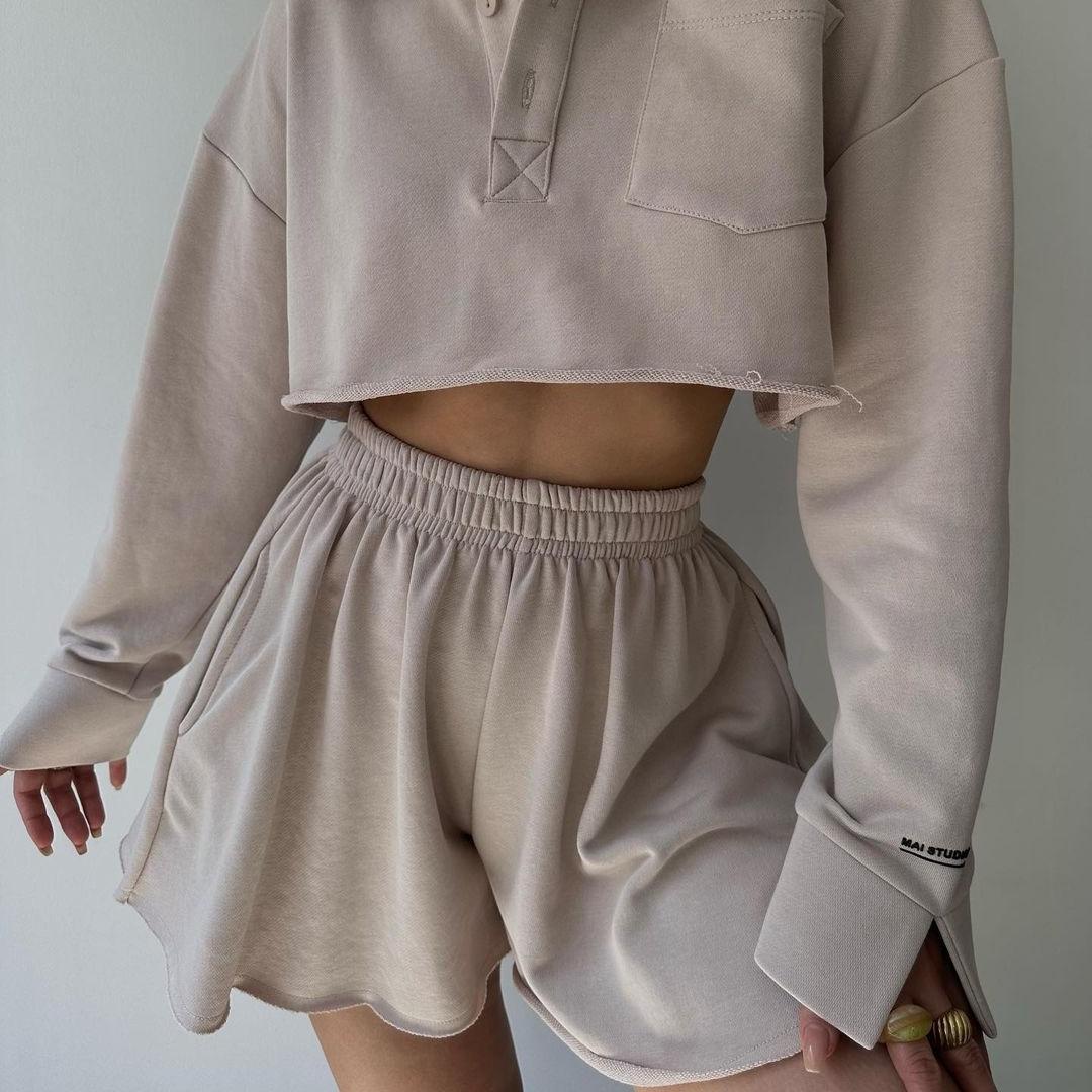 

BITCED Однотонный Кардиган с Длинным Рукавом, Короткий Повседневный Топ, Шорты на Кулиске XL хаки