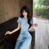 New Chinese Style Retro Polka Dot Dress Women's Summer Blue Improved Cheongsam Small Design Long Dress Tide