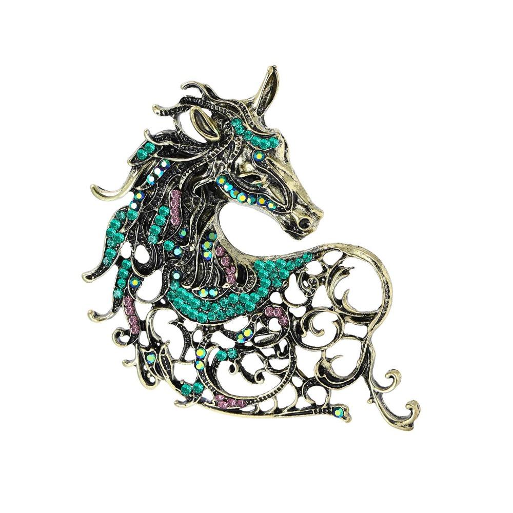 

Vintage Rhinestone Horse Head Brooches Hollow Out Metal Badge Pin New Year Gifts зелёный