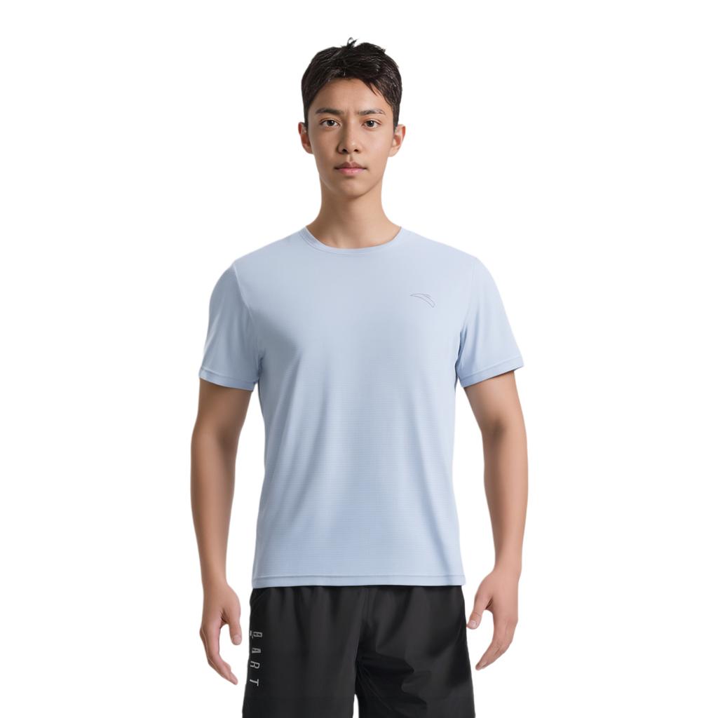 Anta Bequemes Lässiges Einfarbiges Einfaches Vielseitiges Rundhals Schnelltrocknendes Sport-Kurzarm-T-Shirt Herren Oberteile Morgennebel-Blau 152535110-1