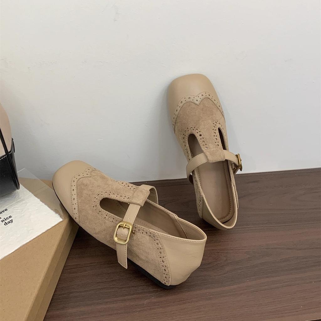 Inner heightening single shoes autumn retro suede one-pedal soft-soled Maillard Mary Jane ballet small leather shoes
