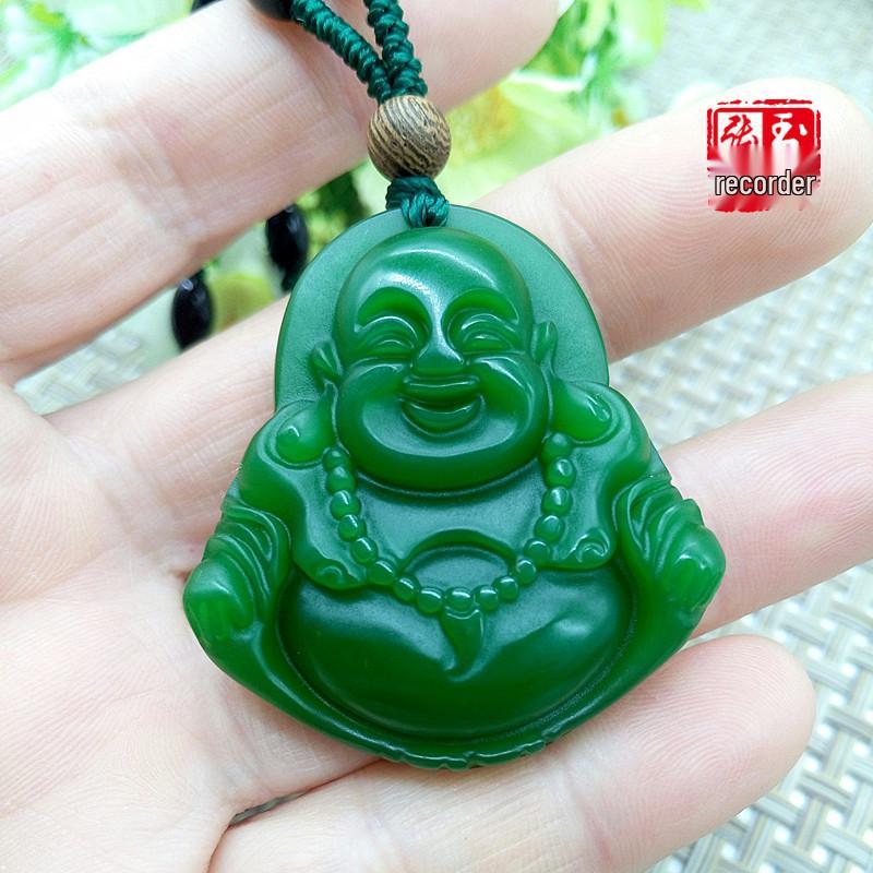 Xinjiang High-Quality Hetian Jade Maitreya Buddha Pendant in Spinach Green. 619