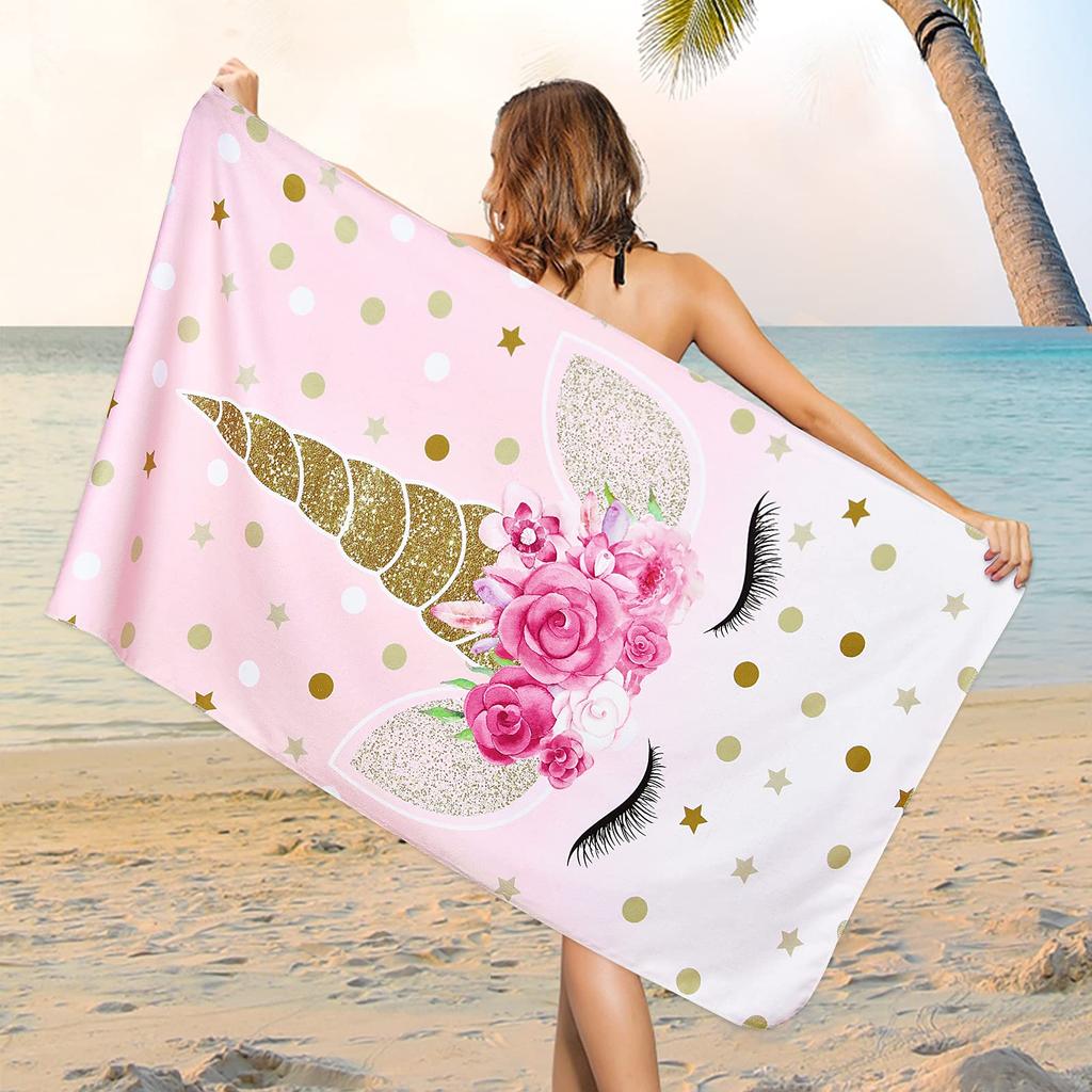 Cute Cartoon Unicorn Beach Towel, Quick Dry Fantasy Bath Towel with Flowers Rainbow Star, Super Soft Oversized Girls Pink Towels