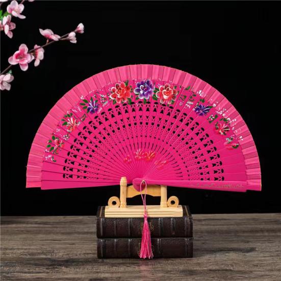 Faltfächer mit Quasten, doppelseitig, Blumenmuster, hohle Holzrippen, Laufstege, Tanz-Wing-Chun-Requisiten, Damen, Sommer-Handfächer, Partyzubehör