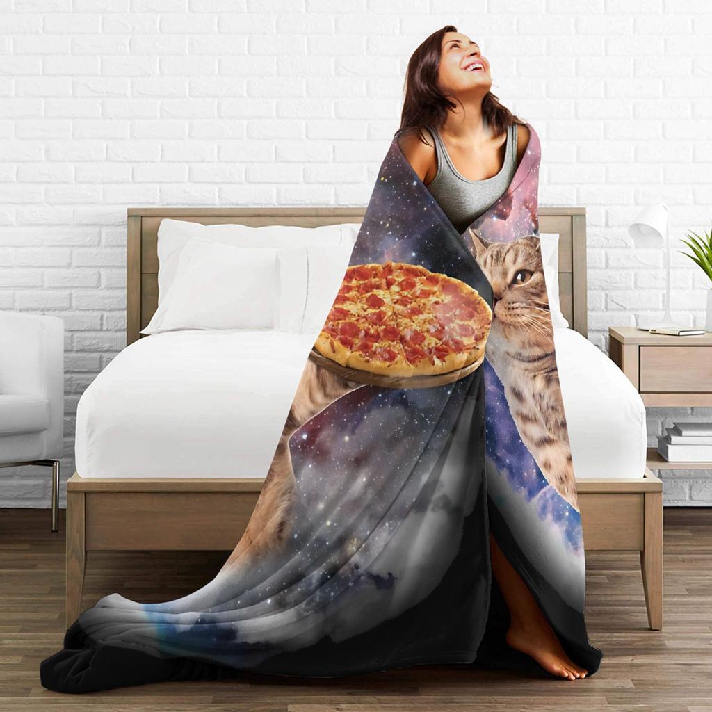 Outer Space Pizza Cat Galaxy Blankets Flannel Textile Decor Funny Breathable Lightweight Throw Blankets for Quilt