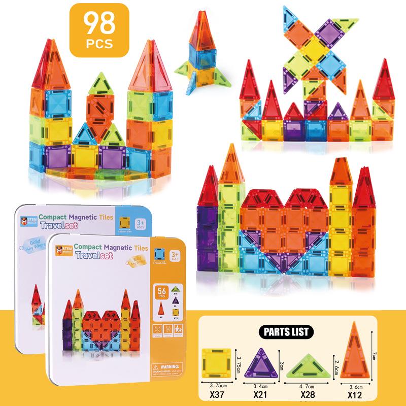 Portable Children's Magnetic Tile Puzzle Toy – Stained Glass Magnetic Building Set in Iron Box
