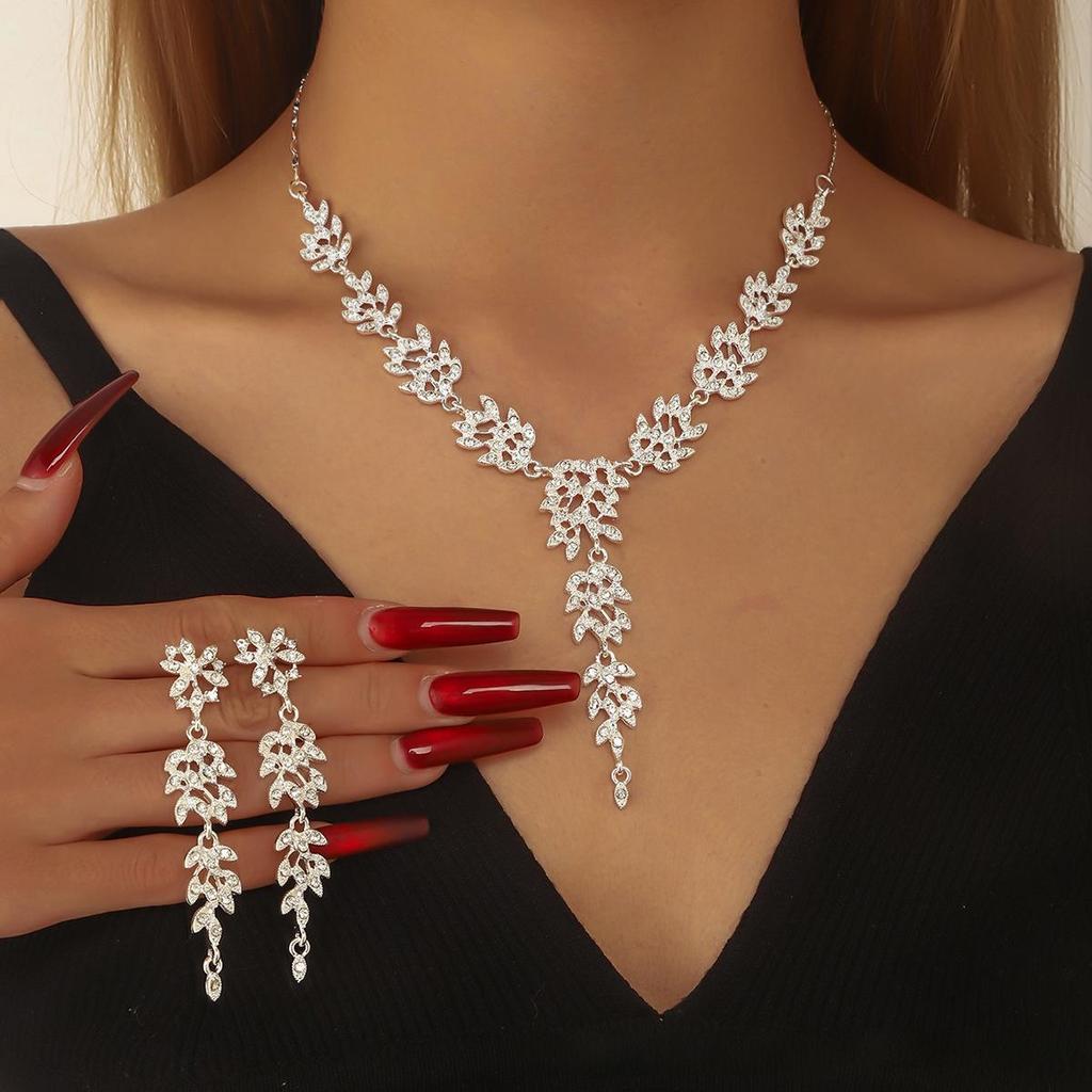 2025 Rhinestone Wheat Ear Necklace & Earrings Bridal Wedding Jewelry Set