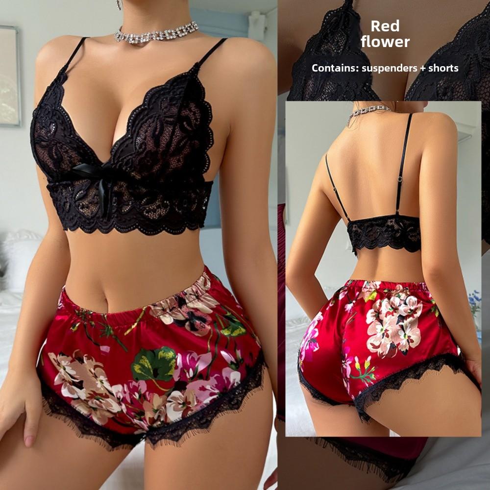 Leopard Print Sex Underwear Sexy Lace Suspender Pattern Shorts Charm Simulation Silk Set