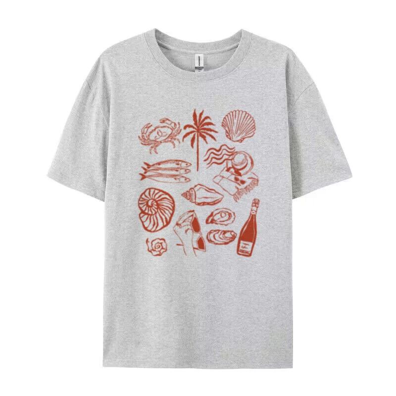 Women Trendy Summer Ocean Coastal Graphic Tees Retro Aesthetic La Dolce Vita T Shirt Cute Oyster Wine Shirt Beach Vacation Tops