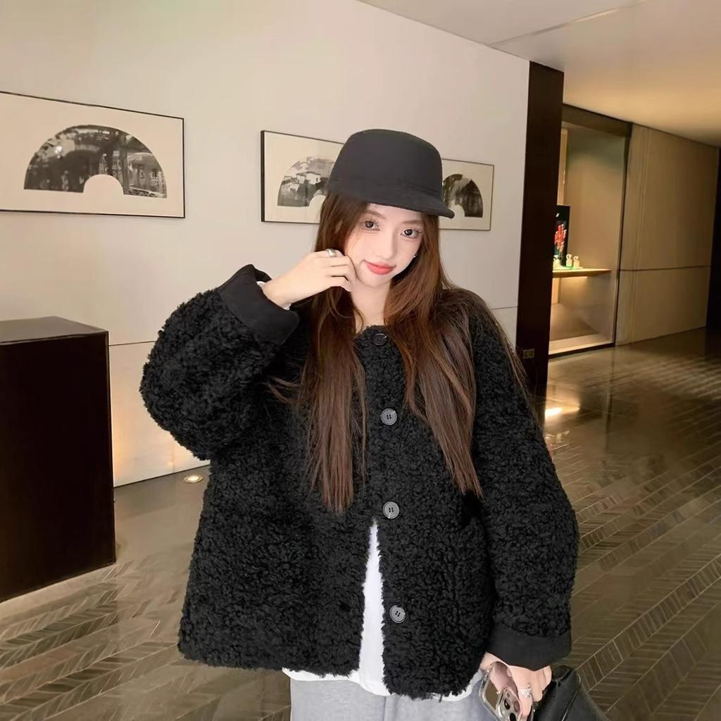 Soft Style Warm Lamb Wool Coat Women Winter Korean Casual Loose Black Plush Top