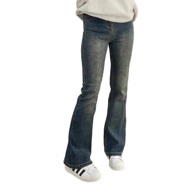 Cement Gray High-Waisted Micro-Flare Jeans with Plus Velvet for Women - Autumn/Winter Slimming Pear-Shaped Fit