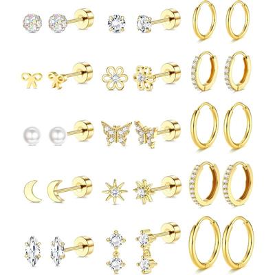 1 Pair 14K Gold Plated Flat Back Stud Hoops Earrings for Women Men CZ Stainless Steel Cute Cartilage Piercing Jewelry
