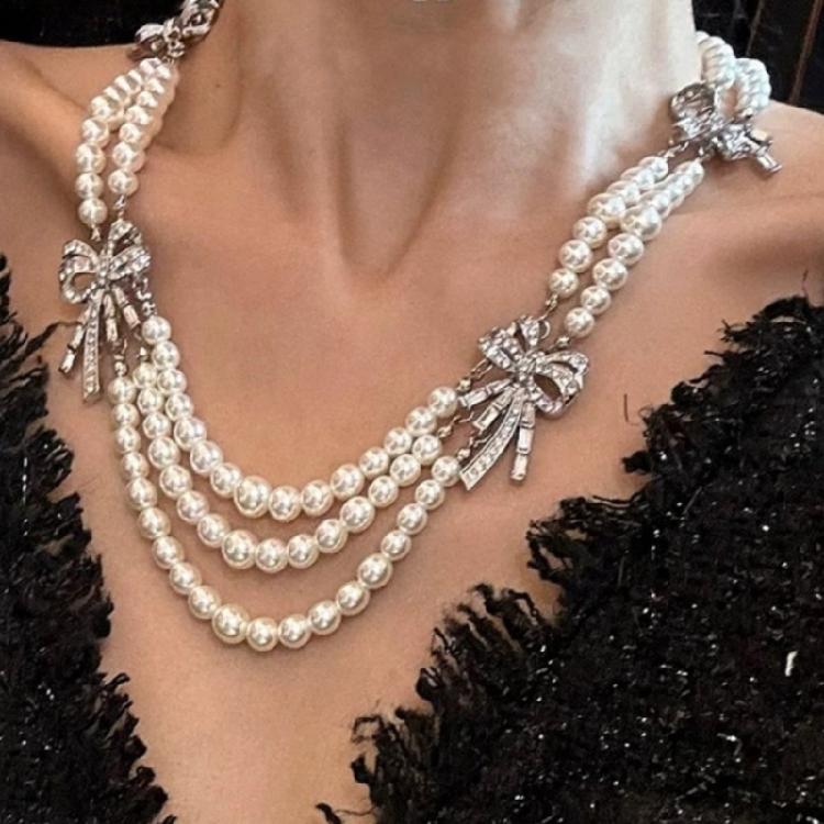 Imitation Pearls Necklace with Multiple Strands Rhinestones Bowknot Clavicle Chain Handmade Adjustable Length Neckchain