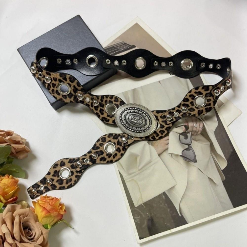 Leopard Leather Waistband Gothic Dress Jeans Belt Fashionable Women's Rivet Belt  Spicy Girls