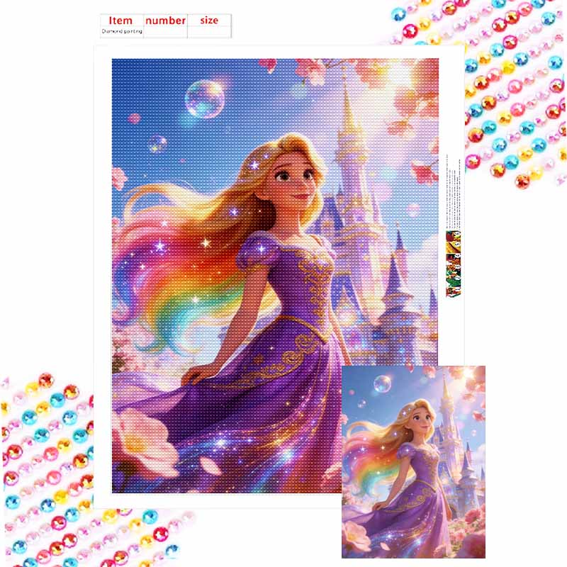 Disney 5D Diamond Painting Kit Princess Castle & Rainbow Hair Home Decor, Perfect Holiday Gift Round 20x30cm