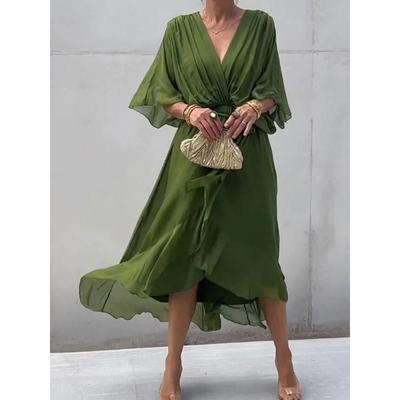 Damen Schnürkleid Lang mit Fledermausärmeln und Unregelmäßigem Kleid