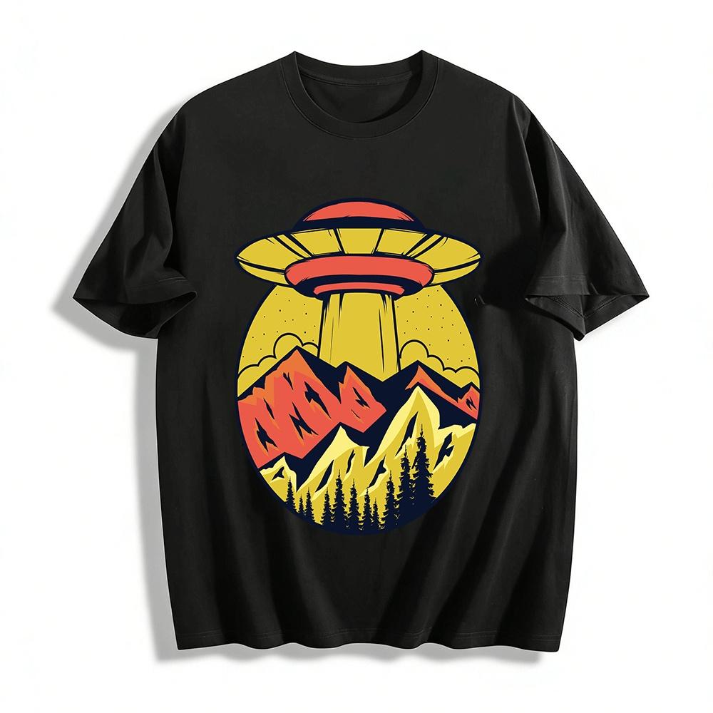 

Vintage UFO Mountain Print Casual Tee Pure cotton T-shirt 6XL