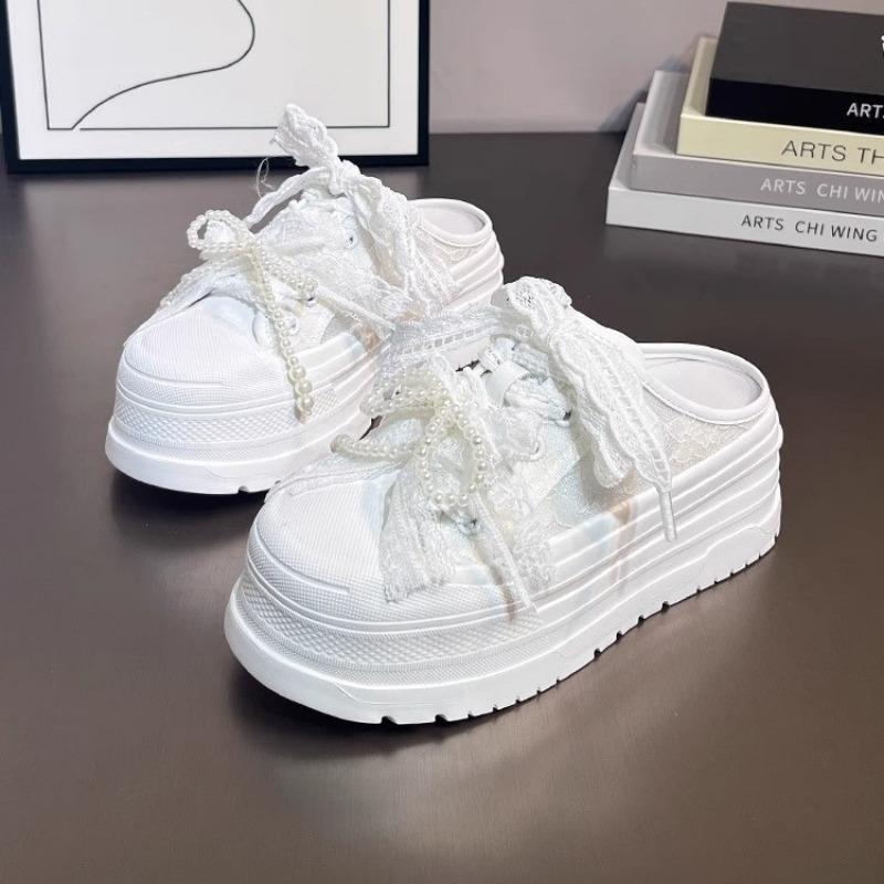 Leather bag head half slippers women's outer wear summer new small thick bottom heightening pearl lace sandals