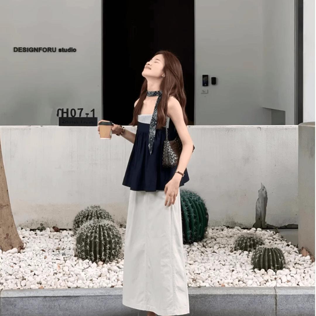 

Women s French Design Sleeveless Bandeau Top & High-Waist Skirt Two-Piece Set M