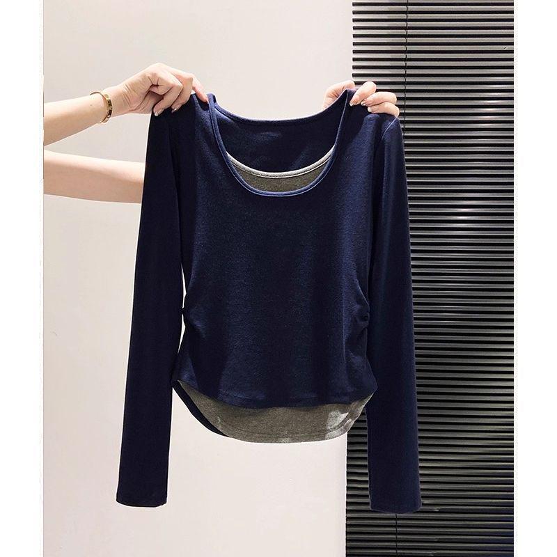 

Plus Size Velvet Layered Long Sleeve T-shirt for Women - Slimming Autumn/Winter Top 2XL [For 141-160 jins] темно-синий