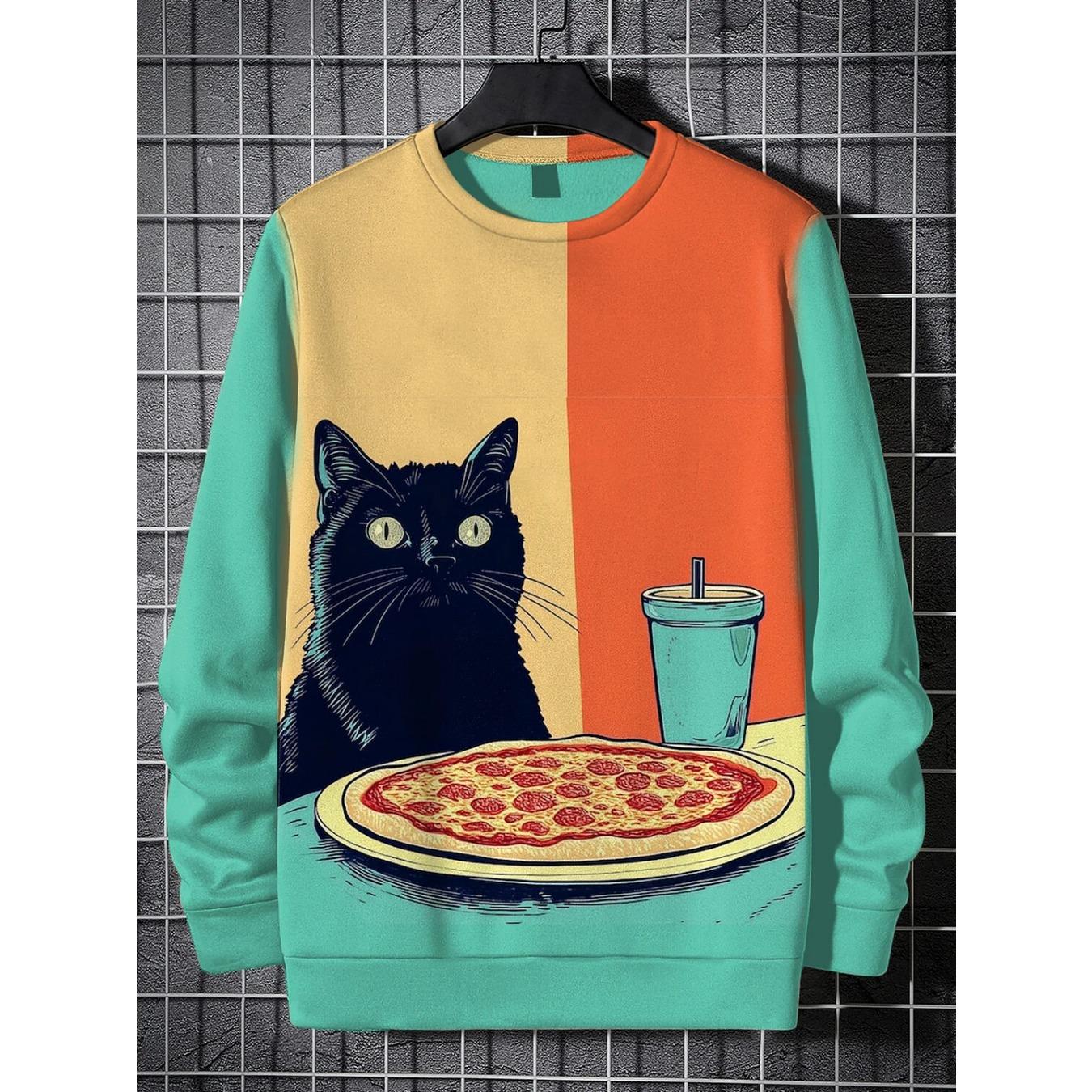 

Men s Winter Skiing Animal Kitten Printed Casual Sweatshirt Fashion Round Neck Pullover Sweatshirt Polyester Fabric 2025 New 5XL