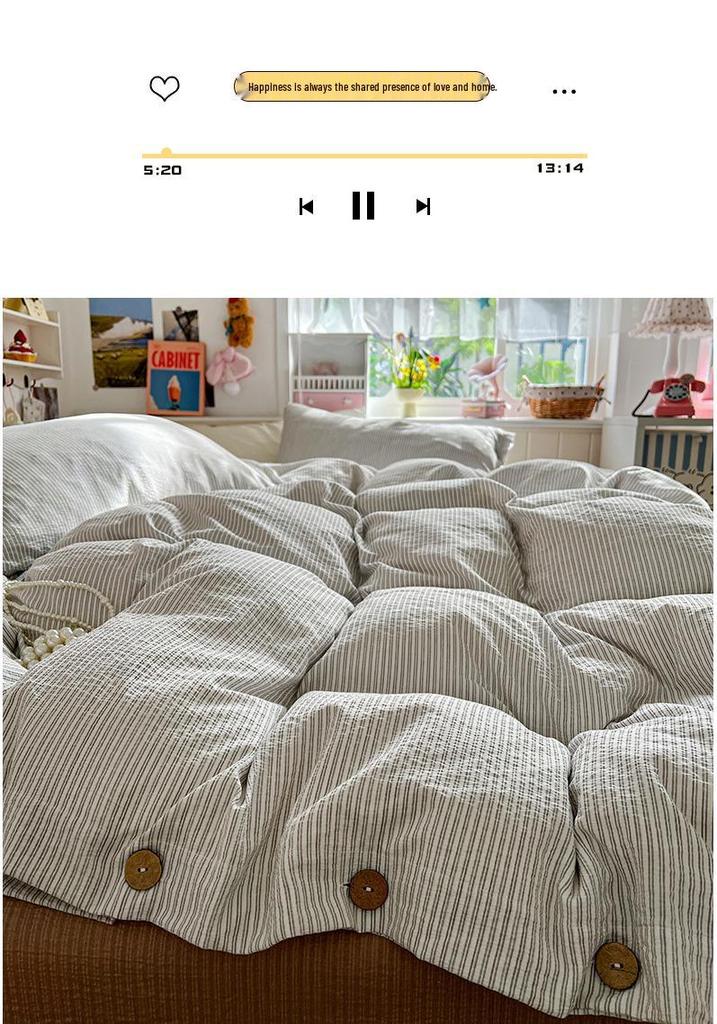 Solid Color MUJI Style Washed Cotton Jacquard Buttoned Dormitory Bedding Set – Super Soft, 4-Piece Set