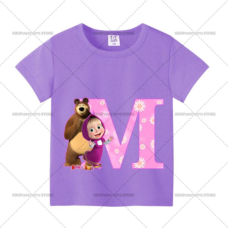 Mashas and The Bear Summer T-shirt Girl Children Tops Cute Cartoon Letters A-Z Print Clothing Short Sleeve Kids Casual Clothes