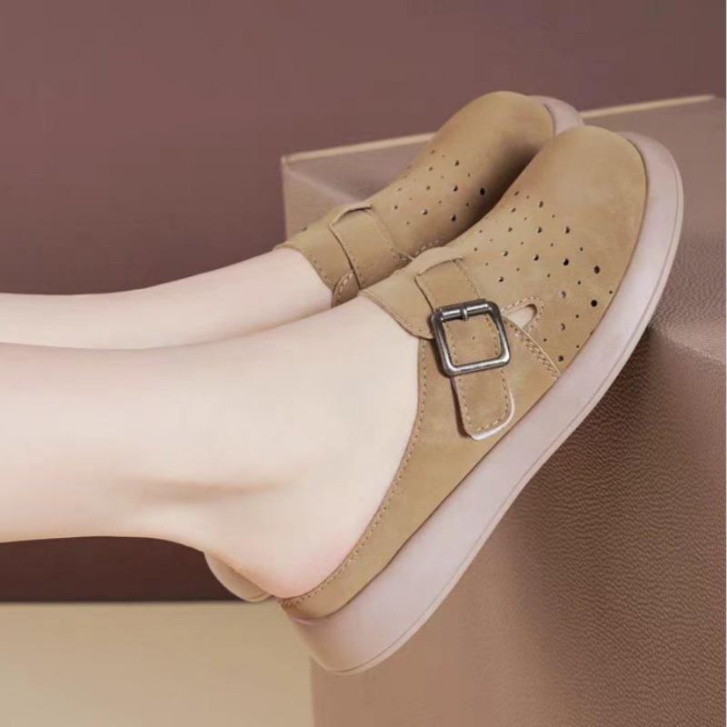 Fashion Spring New Baotou Slippers Women's Fashion Round Head Suede Metal Buckle Thick Soles Anti-slip Wear-resistant Flat Shoes