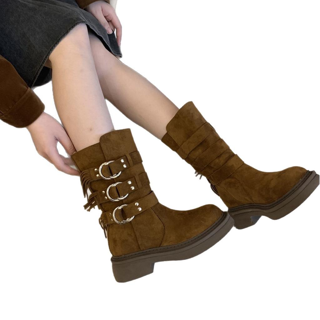 Leather Version Wasteland Wind Leather Desert Western Boots Women's New Stacking Boots Design Tall Boots Versatile Knight