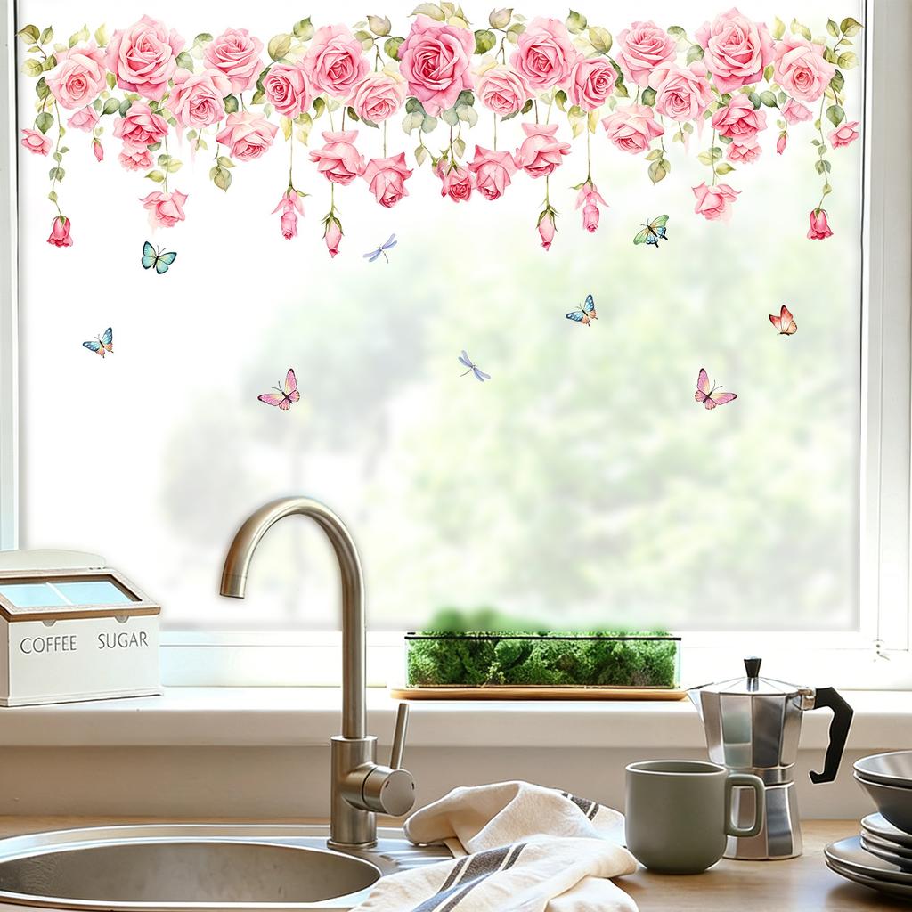 Watercolor Powder Rose Waistline Glass Sticker for Kitchen and Bathroom Wall Decoration and Beautification