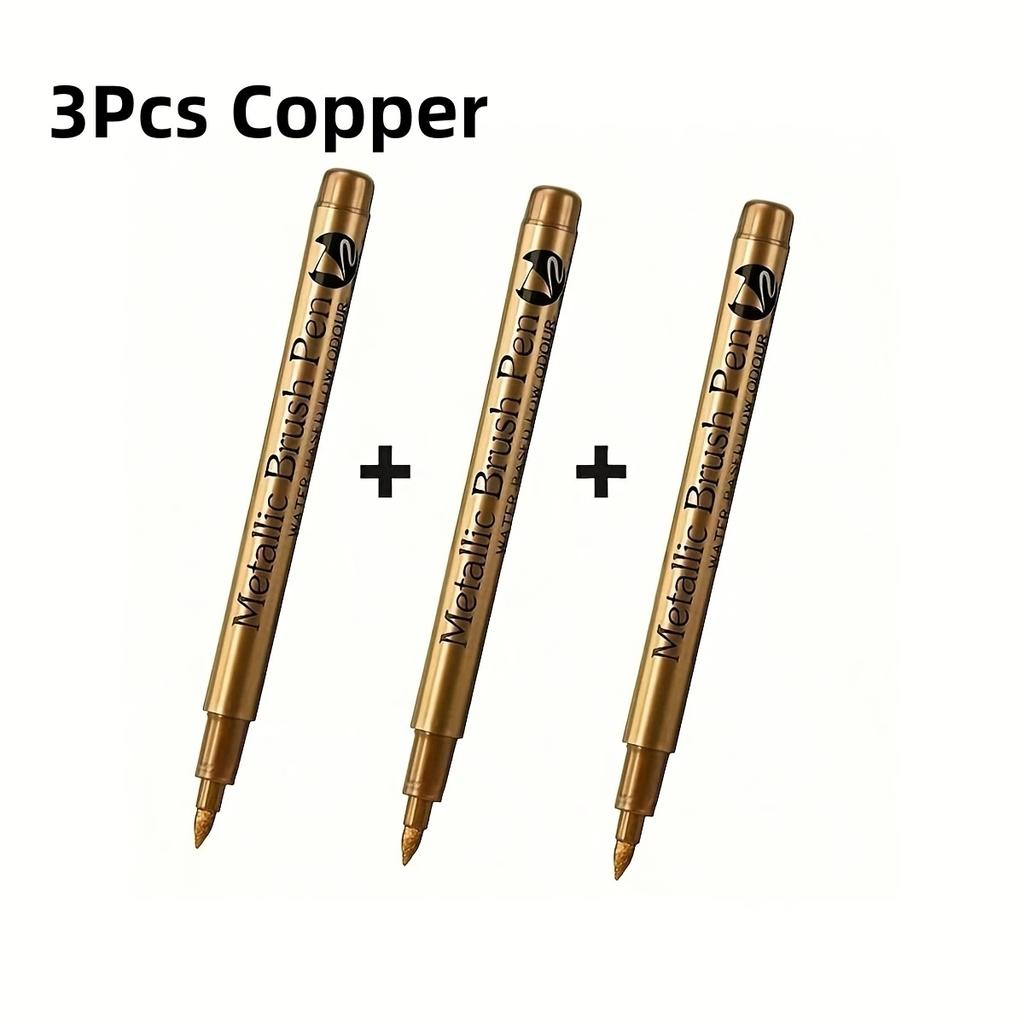 3pcs Metallic Color Marker Pens Golden, Silvery, and Copper Permanent Paint Pens for Crafts, Scrapbooking, and Fabric Art